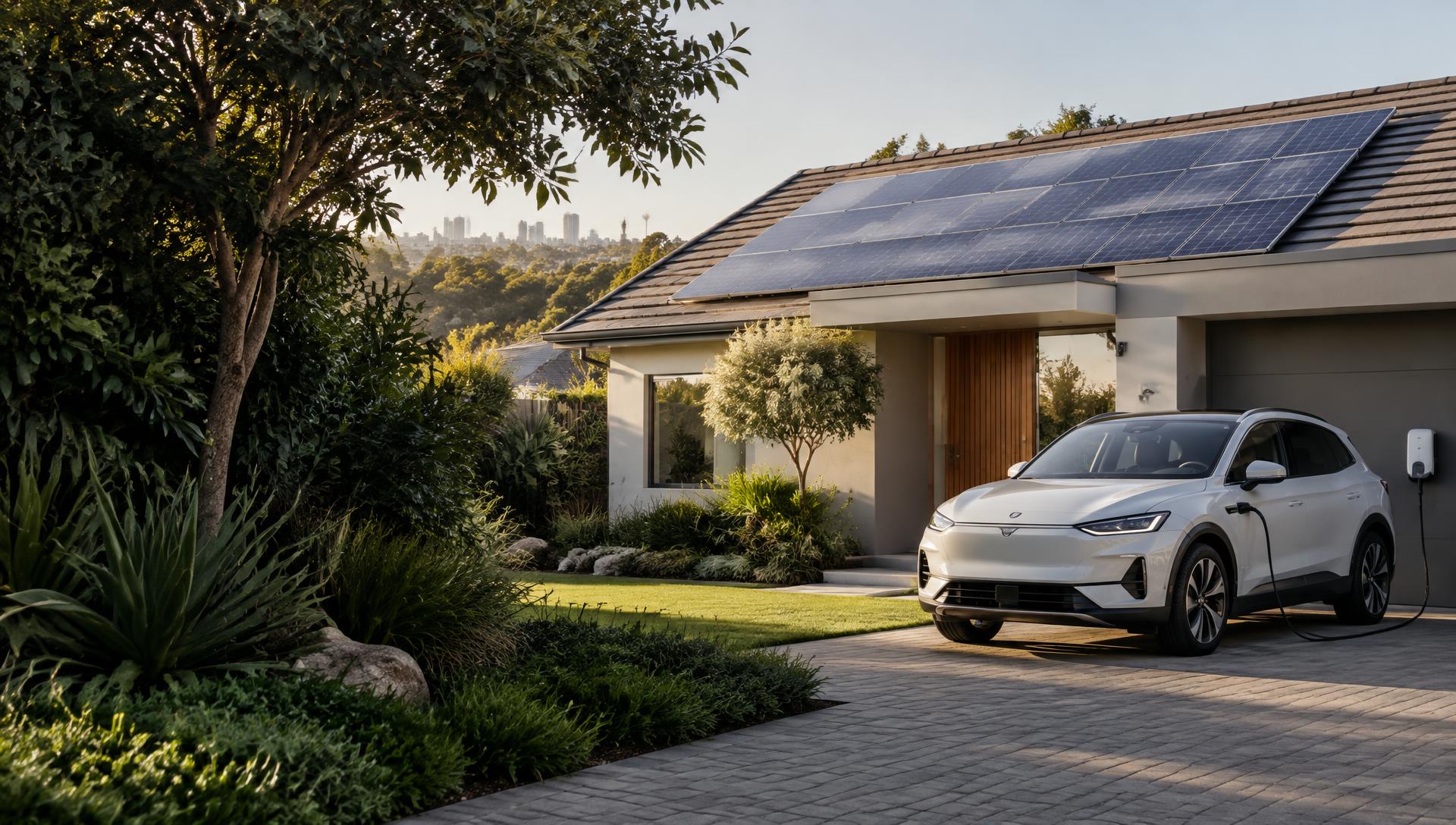 An electric car charging beside a solar-powered South African home